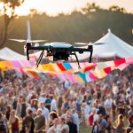 Drone Protection - An image of a drone flying over a music festival. With our drone patrols, our service helps keep attendees safe and maneuver crowds quicker.