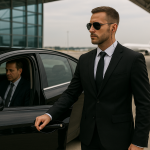 Executive Protection services. A guard opening the door for his client at the airport.