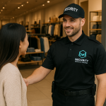 Professional security presence focused on deterring theft, ensuring customer safety, and maintaining a secure shopping environment through friendly, proactive engagement at retail entrances.
