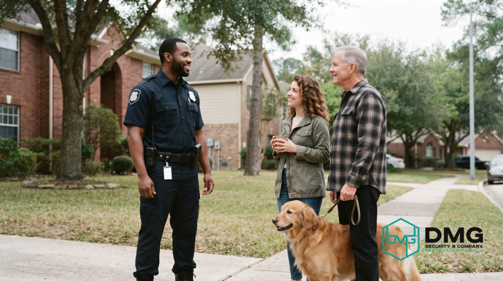 Friendly security guard chatting with residents and their dog on a neighborhood sidewalk