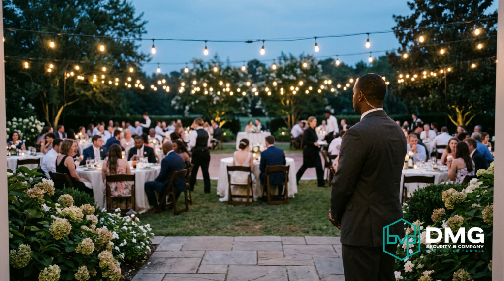 Professional security guard monitoring an outdoor wedding reception in Atlanta