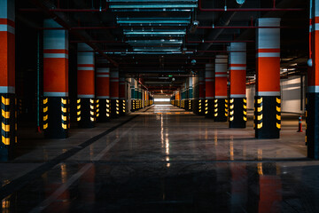 Empty multifamily parking deck with security lighting