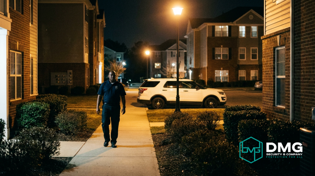 DMG Security patrol guard walking through apartment community at night
